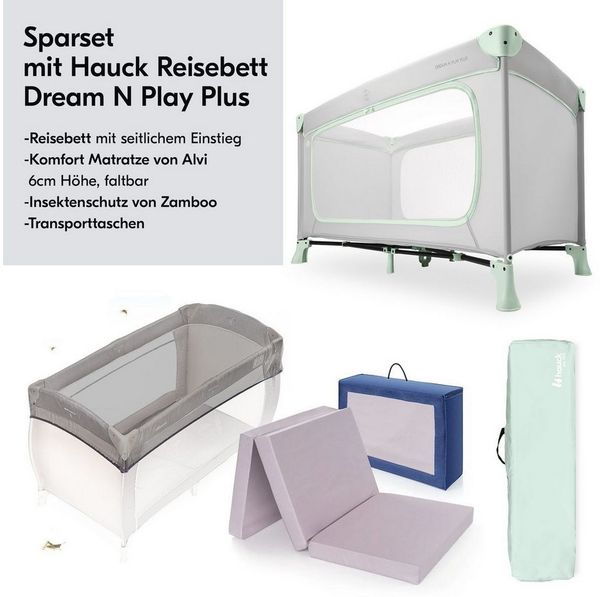 Hauck Baby-Reisebett Dream N Play Plus Set - Dusty Mint, Kinder Babyreisebett mit großem Eingang, Matratze, Moskitonetz faltbar