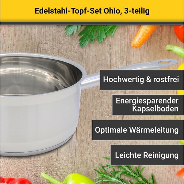 Krüger Topf-Set Ohio, Edelstahl (Set, 5-tlg, 1x Bratentopf Ø 20 cm, 1x Fleischtopf Ø 16 cm, 1x Stieltopf Ø 16 cm), für Induktions-Kochfelder geeignet