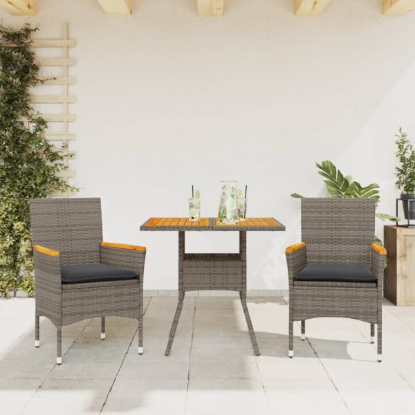 vidaXL 3-tlg. Garten-Essgruppe mit Kissen Grau Poly Rattan Akazie 3278699