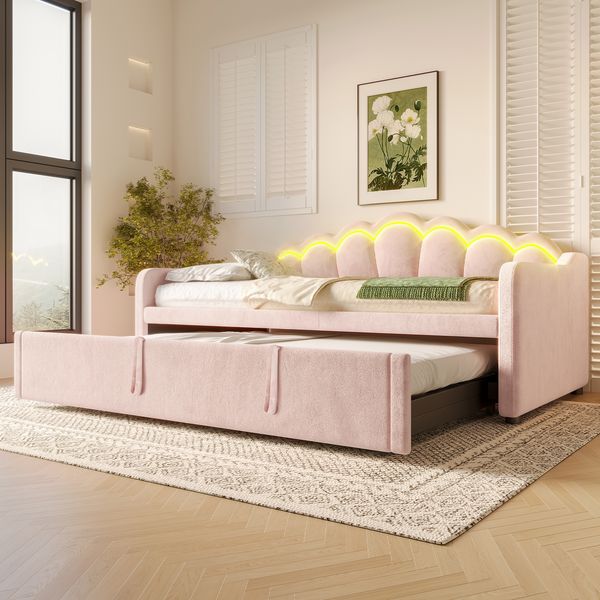 Tagesbett mit ausziehbarem Bett, Schlafsofa, Einzelbett (Ohne Matratze), Doppelbett, Samt, Farbwechselbarer LED-Streifen, 90x200cm(180x200cm), Rosa
