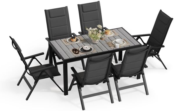 JUMMICO Gartenmöbel Set Klappbar, 5-Fach Verstellbarer Aluminium Sessel mit Holztisch, Wetterfestes Terrassenmöbel für Balkon und Garten