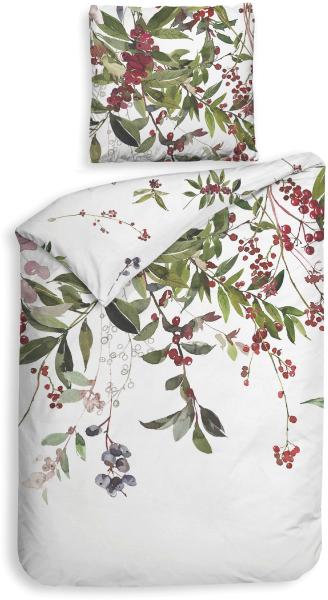 Heckett & Lane Mako-Satin Bettwäsche 155x220 Moires weiß Beeren Zweige grün rot