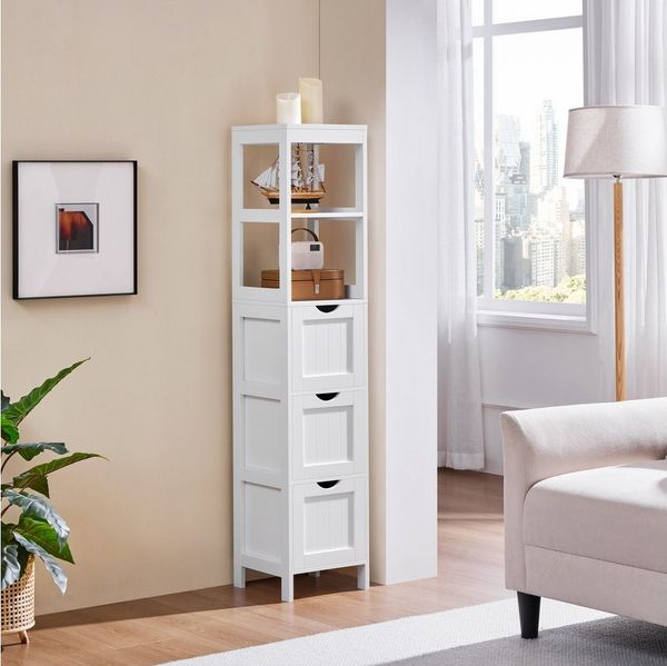 Yaheetech Hochschrank mit Schubladen und Ablagefächer, Holz weiß, 30 x 30 x 142 cm