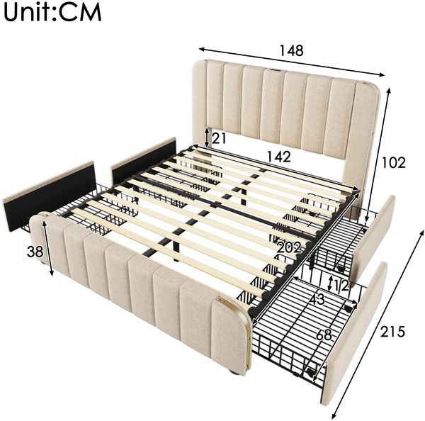 Polsterbett 140×200 cm mit 4 Schubladen, USB/Typ-C, Sicherheitskopfteil, Beige, mit Matratze Bild 5