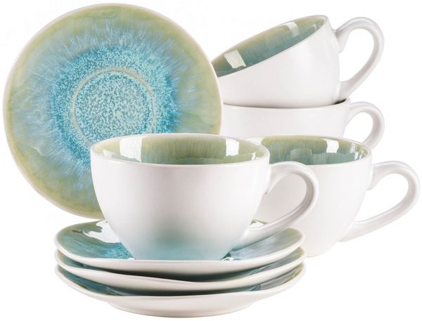 Kaffeetassen Set mit Untertassen für 4 Personen aus schöner Keramik, Cappuccinotassen mit gesprenkelter Glasur, organische Formen im Vintage Look; Grün