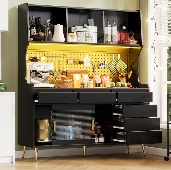 Hochschrank 145 x 39 x 171 cm mit LED-Beleuchtung, Schiebetüren und geriffelter Glasfront – MDF, Glas & Metall, Schwarz