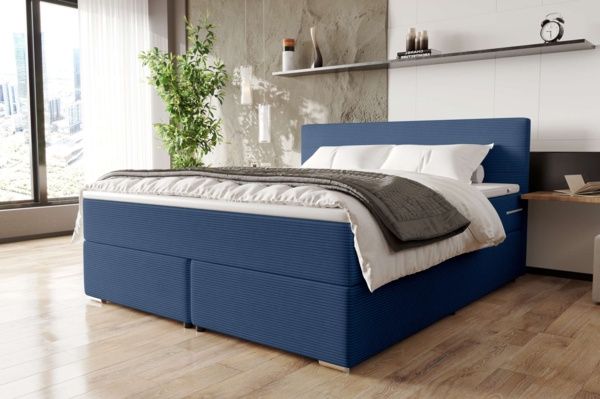 99rooms 'Phönix' Boxspringbett, Blau, 160x200 cm, Cordstoff POSO