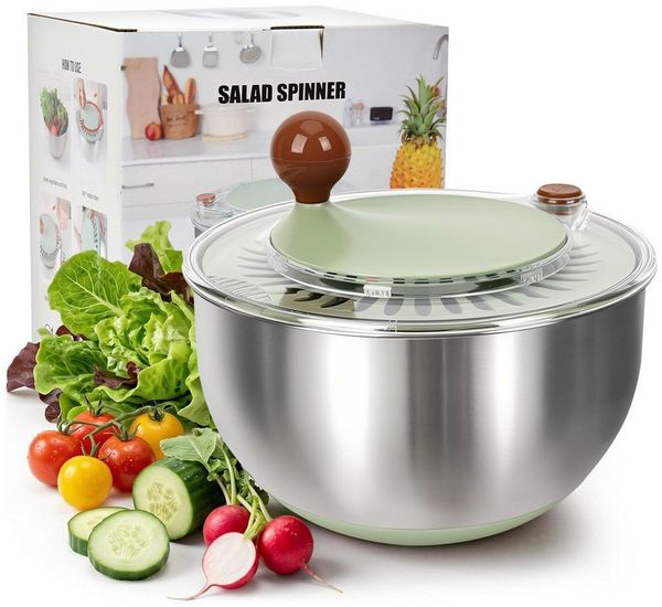 OSTWOLKE Salatschleuder Edelstahl mit Kurbelantrieb 5L Groß Salat Schleuder, 2 in 1 Servierschüssel