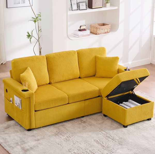 Sofa aus Corduroy mit LED & USB-Anschluss, 194 x 127 x 81 cm, Senfgelb