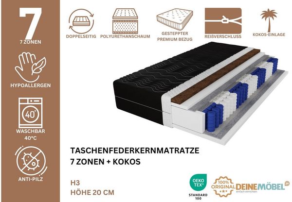 Taschenfederkernmatratze Taschenfederkern-Matratze 7 Zonen 20 cm Härtegrad H3, Deine Möbel 24, 20 cm hoch, (Bezug Schwarz oder Weiß, 80x200 90x200 100x200 120x200 140x200 160x200 180x200 200x200), Doppelseitig