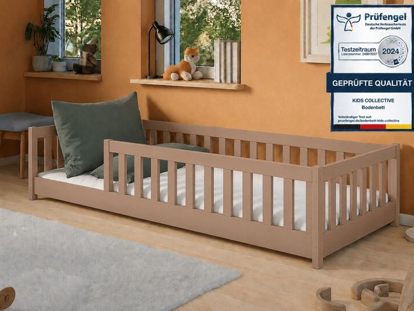 Kids Collective Kinderbett Bodenbett Bett mit Rausfallschutz & Lattenrost Montessori Bett Kinder (weitere Größen 90x200, 120x200, 140x200 cm), mit Matratze Jugendbett Einzelbett Milchschokolade 80x160 cm