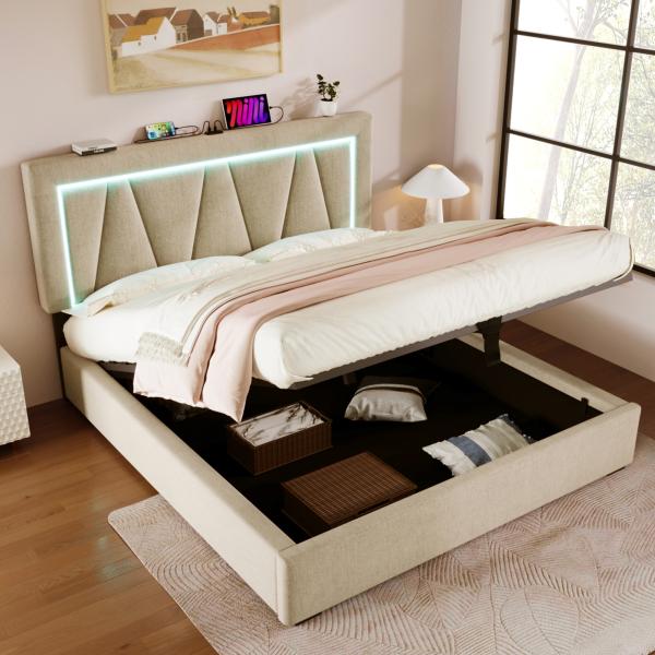 Merax Polsterbett LED Doppelbett mit USB Typ C Ladefunktion und LED-Beleuchtung, Leinen 140x200 (Ohne Matratze) Beige