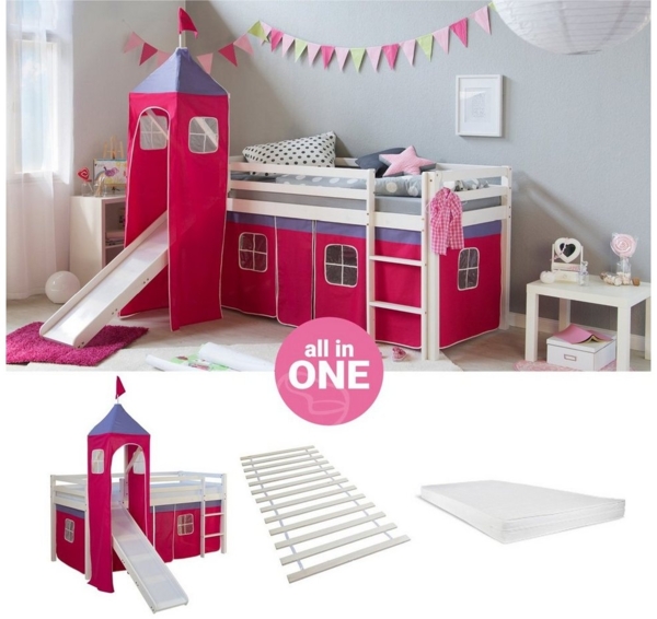 Hochbett mit Matratze 90x200 cm Turm Rutsche Stockbett Kinderbett Leiter Holz Kiefer Vorhang pink Lattenrost