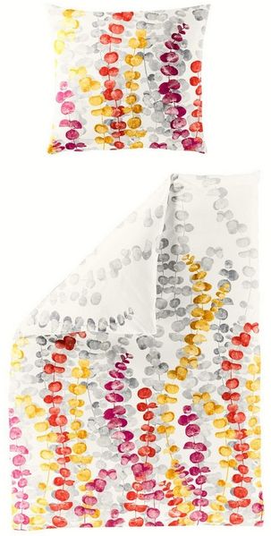JACK Bettwäsche 135x200 cm / 155x220 cm Blätter Bunt Bierbaum, Satin, 2 teilig, Eukalyptus in Gelb, Rot und Pink auf hellem Hintergrund