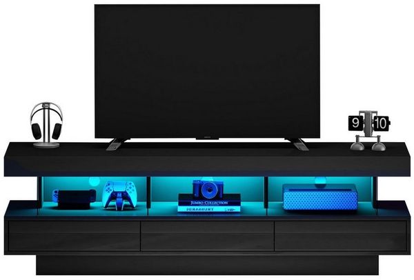 autolock Lowboard TV-Schrank Hochglanz mit LED-Beleuchtung 3 Glasfächern für 70-Zoll-TV (160*38*50.5 cm), Smart-TV-Board Fernsehschrank Kommode TV-Ständer für Wohnzimmer