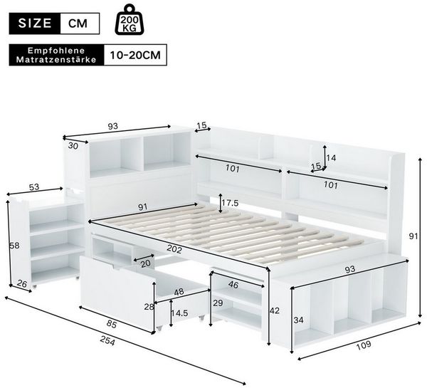 Ulife Kinderbett Jugendbett, multifunktionales Holzbett mit Stauraum (Ohne Matratze), mit Schubladen, Bücherregal und Stauschrank, 90x200cm