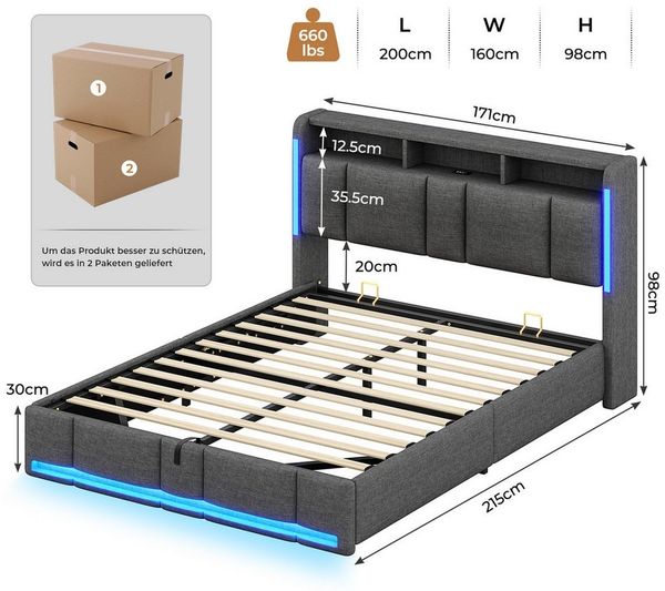 MSMASK Polsterbett mit Steckdosen & LED Beleuchtung, Stauraum und Kopfteil