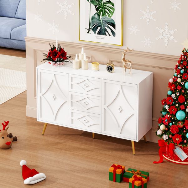 Sideboard B 120 x T 40 x H 80 cm in Mattweiß, mit 3 Schubladen, 2 Türen und 3D-Rautenmuster