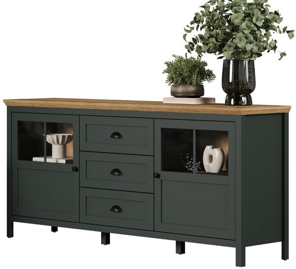 Furn. Design Sideboard Stanton (Anrichte in Landhaus grün mit Eiche, Breite 185 cm), mit LED Beleuchtung