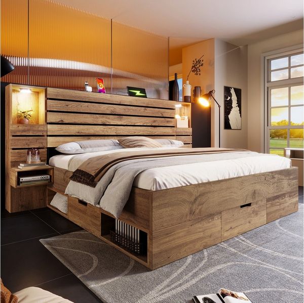 Odikalo Polsterbett Holzbett Bettgestell 160x200 180x200 mit LED USB und Stauraum (mit LED-Downlights und USB Type-C, beleuchtete Nische, schwebende Nachttische, Unterbett-Stauraum mit Schubladen, Eichenoptik)