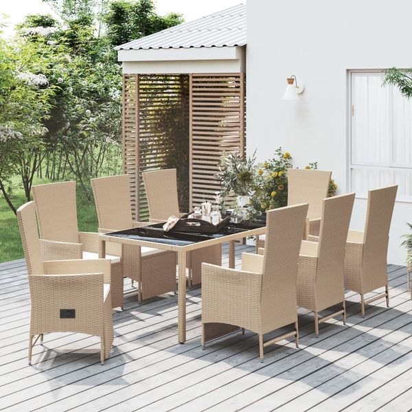 vidaXL 9-tlg. Garten-Essgruppe mit Kissen Beige Poly Rattan 3157579