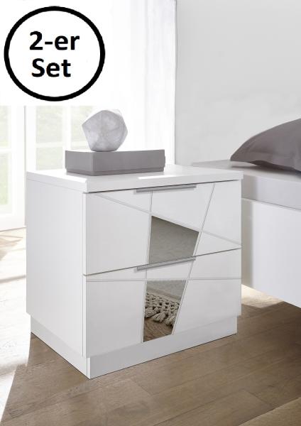 Nachtkommode >Valeria< 2er-Set (BxHxT: 51 x 48 x 39 cm) Weiss Melamin mit Siebdruck Spiegel