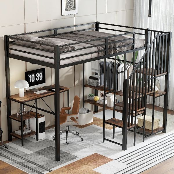 Novelux Hochbett 120x200 Metall mit Schreibtisch und Kleiderschrank – Eisen+MDF in Schwarz/Vintage-Holzoptik, Treppe, Regal, EN 747