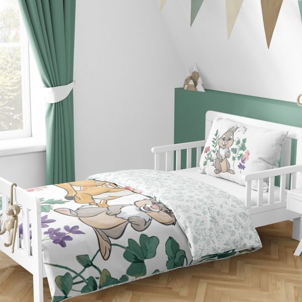 MTOnlinehandel Babybettwäsche Bambi Flower 100x135 + 40x60 cm in Renforcé • Disney, 100% Baumwolle, 2 teilig, Wende-Motiv mit Reh und Hase • Blumen • Blüten • Blätter