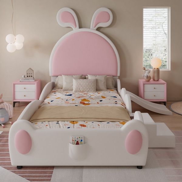 TavilaEcon Kinderbett mit kleiner Treppe und Kinderrutsche, Kopfteil mit Hasenohren, mit Holzlatten & Aufbewahrungstasehe, PU, 90X200cm, Weiß+Rosa