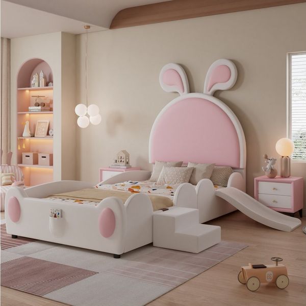 TavilaEcon Kinderbett mit kleiner Treppe und Kinderrutsche, Kopfteil mit Hasenohren, mit Holzlatten & Aufbewahrungstasehe, PU, 90X200cm, Weiß+Rosa