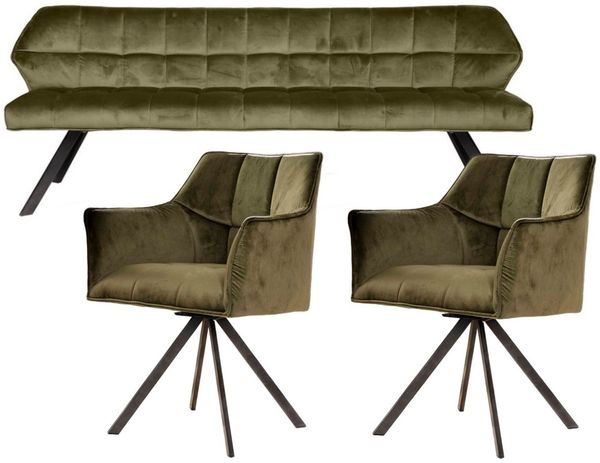 Vintagehaus Polsterbank Set Esstischbank Raster + 2 Armlehnstühle Samt oder Strukturstoff (3 teiliges Set), Frei im Raum aufstellbar