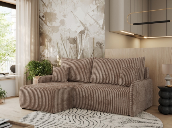 Ecksofa für das Wohnzimmer, mit losen Kissen, Schlaffunktion und Bettkästen, L-förmiges Ecksofa mit Armlehnen, Wellenfeder - ARPA - Braun Cord - linke Seite