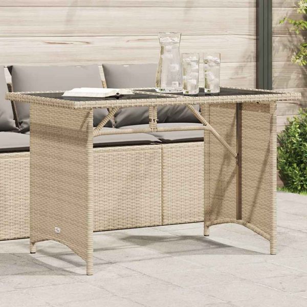 Gartentisch, Balkontisch mit Glasplatte Beige 110 x 68 x 70 cm Poly Rattan
