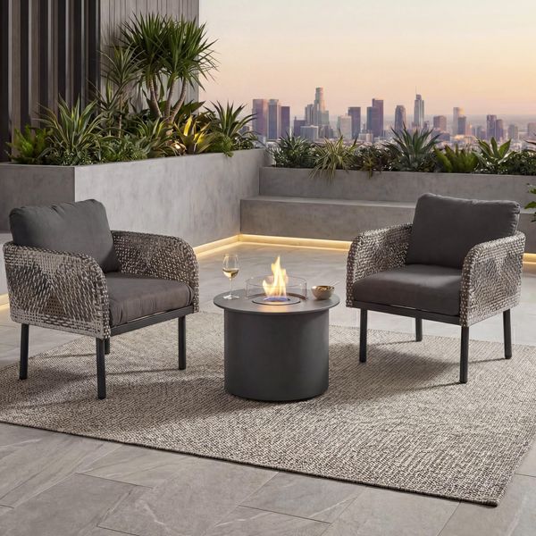 Poly-Rattan Garnitur HWC-P80, Lounge-Set Garten Stuhl, Tischkamin Bioethanol-Fire-Pit Alu Stoff 220g/m² ~ dunkelgrau