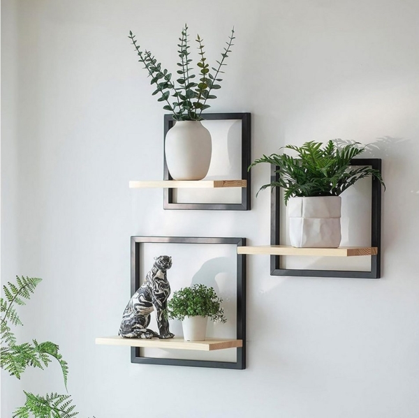 Holz Lichter Wandregal 3‑tlg. Floating Wandregal – Holz & Metall, modern geom. Design, 3-tlg, Schweberegal aus Holz+Metall – platzsparend, vielseitig, langlebig