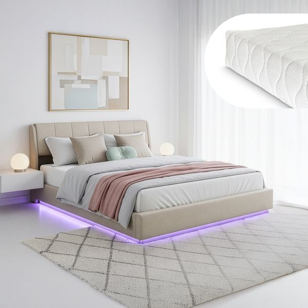 LED Polsterbett Tröstiar mit Matratze 180x200cm Beige [en. casa]