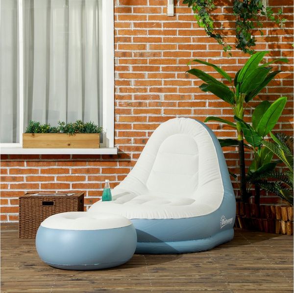 Outsunny Luftsessel Aufblasbares Sofa mit Fußhocker, Becherhalter, (Aufblasbarer Sessel, 2-tlg, Luftsofa), für Camping, Zuhause, Weiß+Blau, 125 x 100 x 87 cm