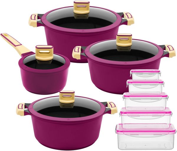 KING Topf-Set GOURMET«, Aluminiumguss (Set, 18-tlg, Kochtopf 18/20/24 cm, Stieltopf 16 cm, Vorratsdosen-Set), Deckel Silikonrand,Antihaft-Beschichtung,Induktion