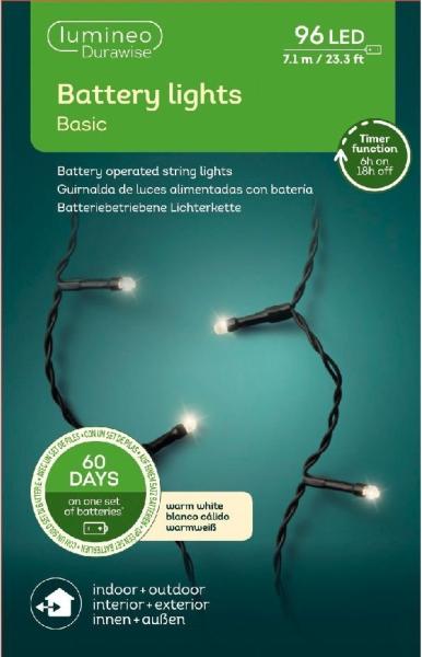 Lumineo LED-Lichterkette Lumineo Lichterkette Battery Lights 96 LED 7,1m warm weiß, AA-Batterie, Indoor, Outdoor, Timer, Batteriebetrieben