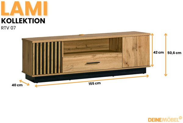 Deine Möbel 24 TV-Board LAMI 7 TV-Kommode 155 cm in Wotan Eiche & Schwarz Matt (LAMI - Kollektion, 1 St, Flexible Platzierung – für Wandmontage oder Bodenaufstellung geeignet), mit Türen, Schublade & Regalboden