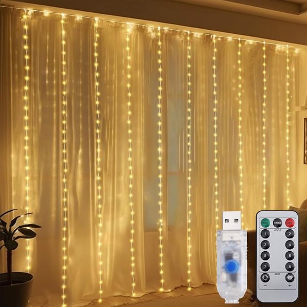 Salcar LED-Lichterkette, 8 Modi, Vorhang Innen&Außen, 300 LED, Kupferdraht Warmweiß, 3x3 m