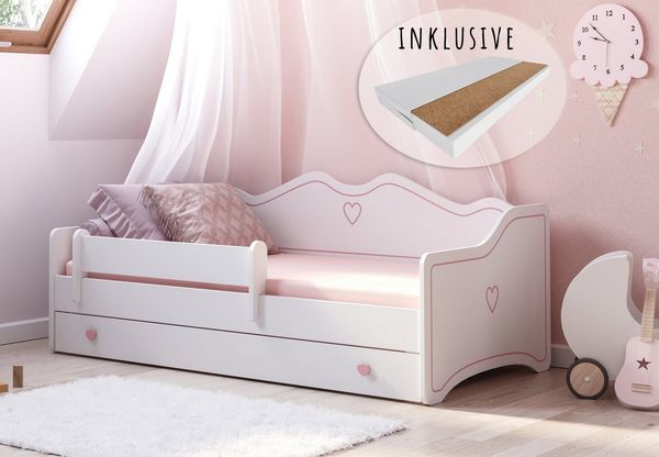 Kinderbett Mdchen Jugendbett 80x160 mit Matratze Rausfallschutz & Schublade | Prinzessin Kinder Sofa Couch Bett umbaubar rosa wei