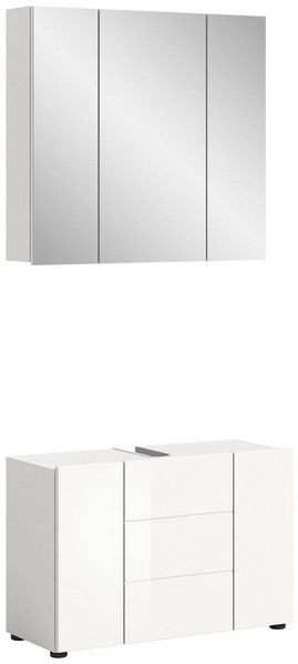 welltime Badmöbel-Set Biel, 2 teilig, inklusive LED Beleuchtung, bestehend aus:, (2-St), Waschbeckenunterschrank, Spiegelschrank, LED Badaufsatzleuchte