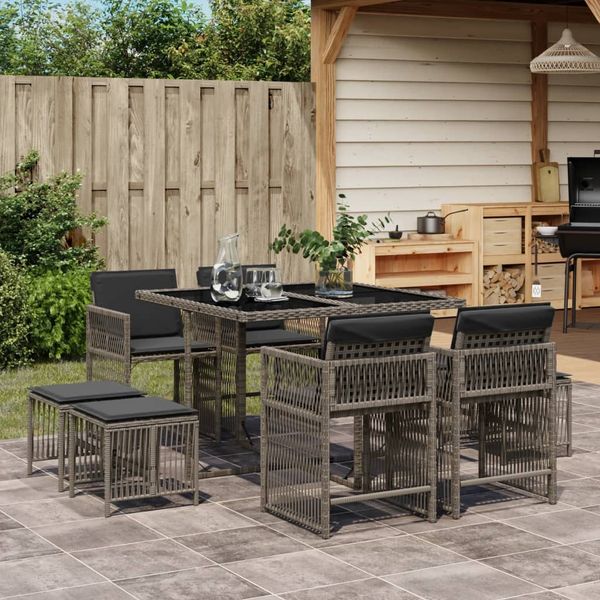 vidaXL 9-tlg. Garten-Essgruppe mit Kissen Grau Poly Rattan 3211676