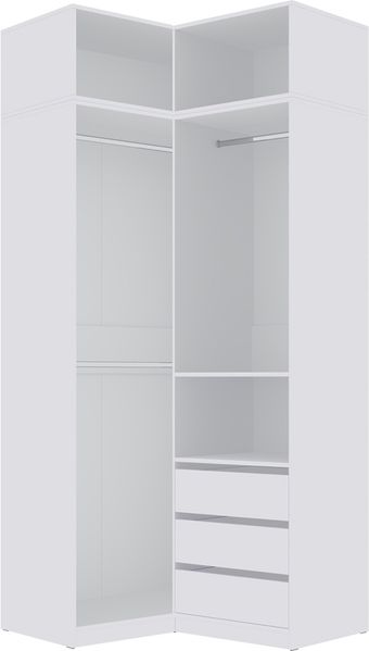 Marmex Möbel Tres Set-H/N (B) Eckkleiderschrank ohne Türen, Eckschrank mit Aufsatz. Garderobenschrank-Set für Kleidung, Schuhe, laminierte Spanplatte, weiß 111/100 x 246 x 51 cm