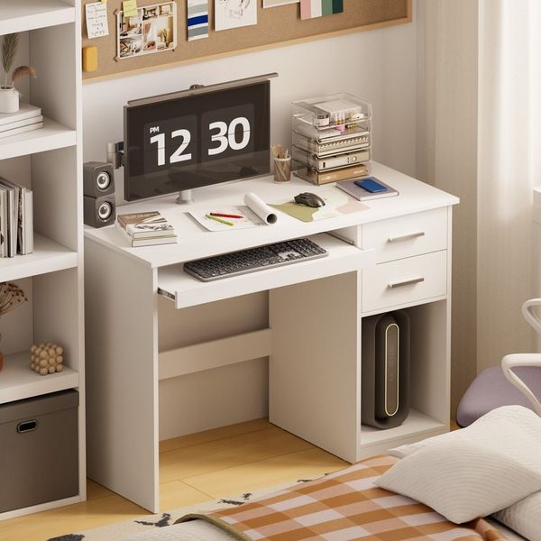 Mondeer Schreibtisch Computertisch, mit 2 Schubladen & Tastaturauszug, 105x48x76 cm, Weiß