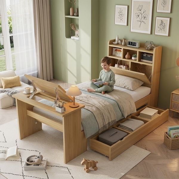 Novelux Jugendbett 90x200 mit Stauraum und Kopfteilregal – Holzbett 90x200 in Natur, klappbarer Tisch, Schublade, Lattenrost, ohne Matratze
