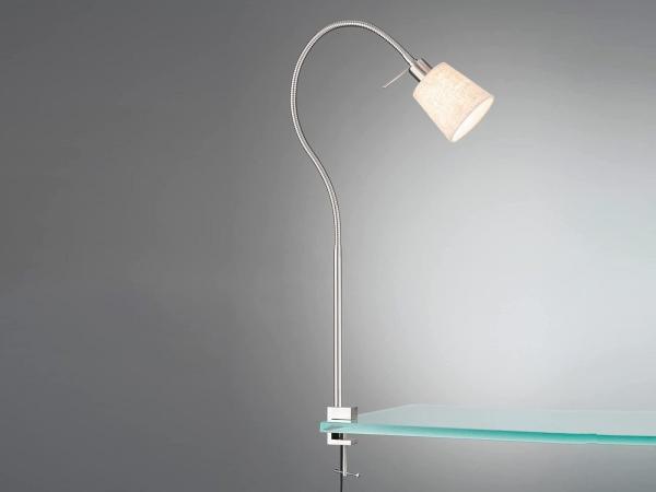 FISCHER & HONSEL LED Klemmleuchte, Schwanenhals-Lampe, LED wechselbar, Warmweiß, Klemmspot Leselampe, Designklassiker Lampenschirm Leinen Beige Natur