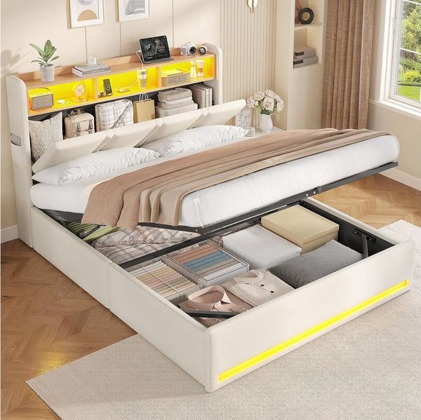 MSMASK Polsterbett mit Hydraulischem Stauraum, LED-Beleuchtung & Steckdosen (Ohne Matratze), Doppelbett, Jugendbett 140x200 cm