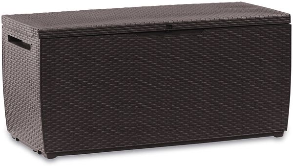 Dmora Aufbewahrungstruhe für draußen Chicoutimi, Gartenbox, Outdoor-Truhe, Stauraumbank für außen, 123x54 h57 cm, Braun